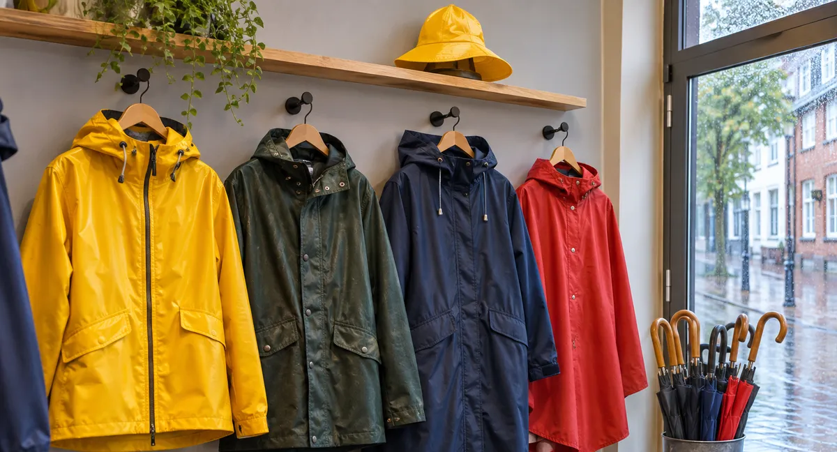 Gelbe Regenjacke mit Kapuze im Detail